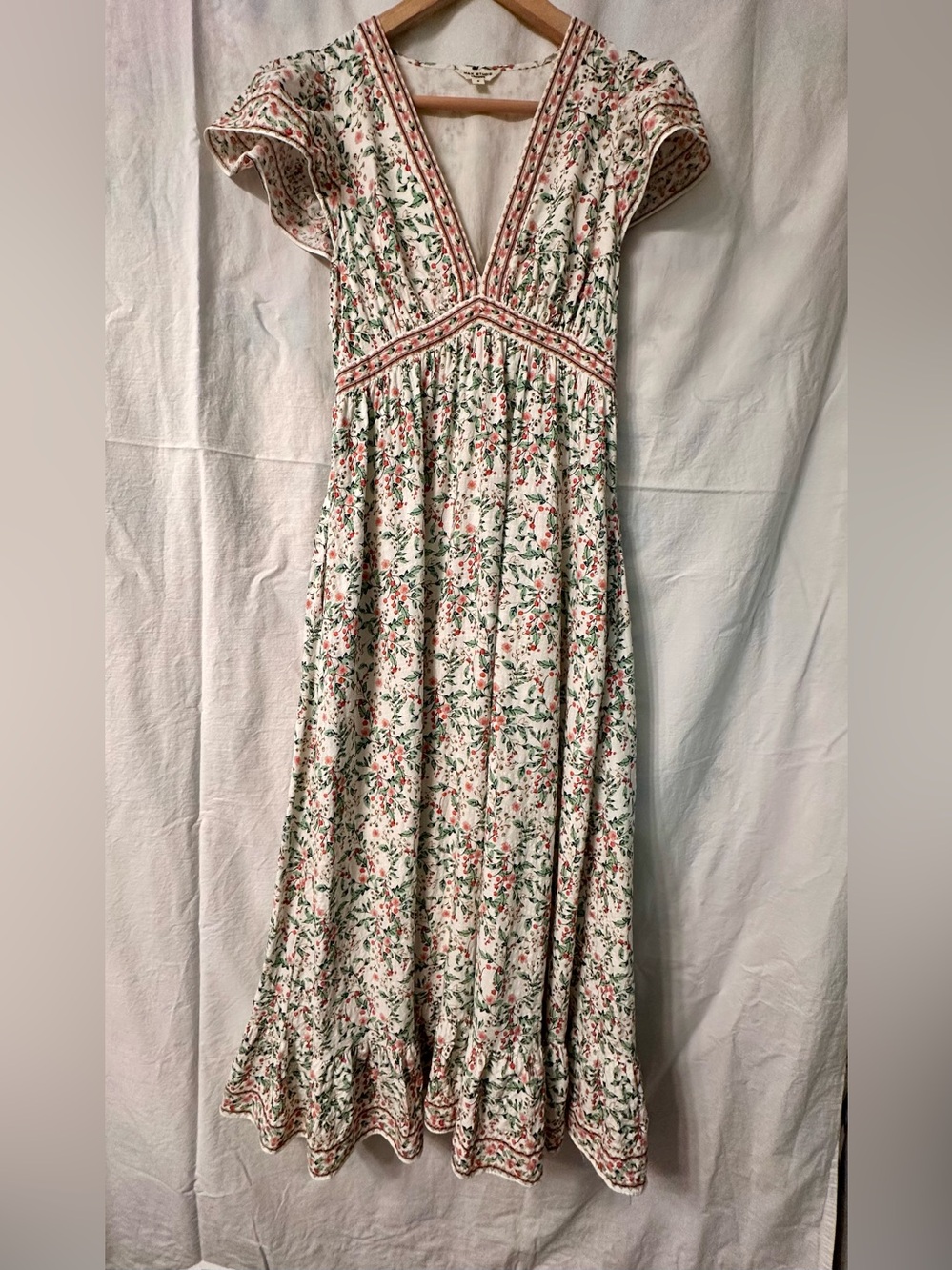 Max Studio Cream Maxi Dress with Pink & Green Floral Trim